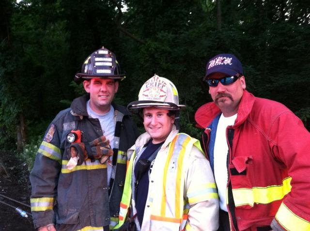 Chief Jamie Gagliardo, Chief's Aide Ray Zacarri, and County Coordinator Car 7 Ken Clair after a minor MVA on 684 while standing by for BFD's fireworks. 